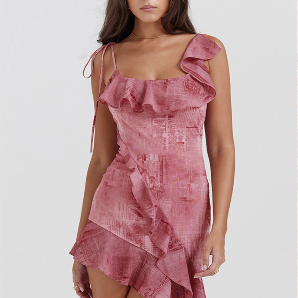 House of CB Lyrah Pink Asymmetrical Ruffle Dress L+ birthday date vacation party